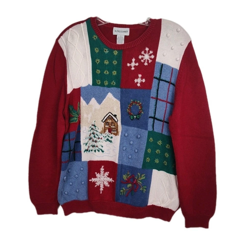 VTG Alfred Dunner Christmas Sweater Women's M Red/Blue/Green Embroidered Beaded